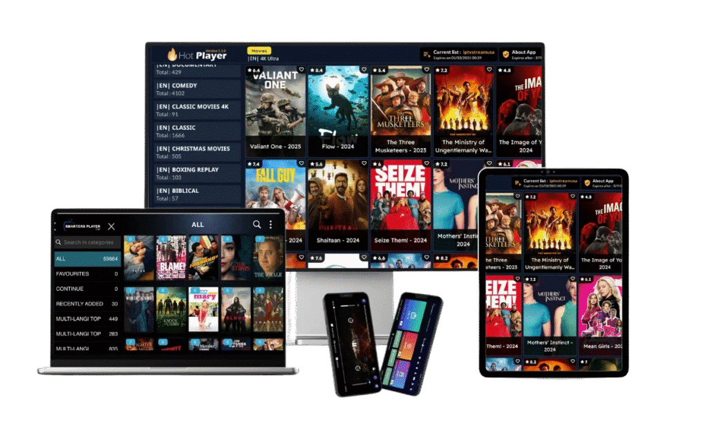 BINGE streaming platform showing multiple devices (phone, tablet, TV) displaying premium UK content with purple branding